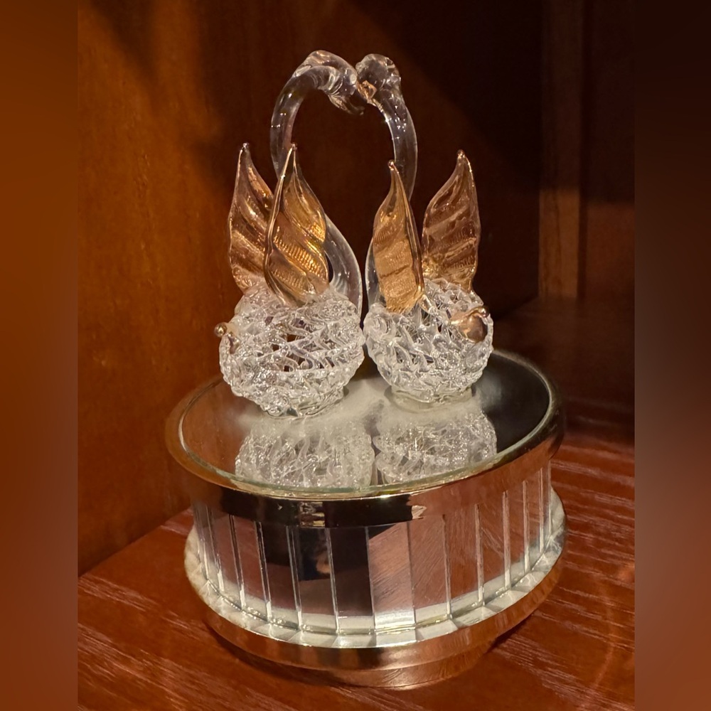 Vintage Blown Glass Swans atop working Music Box